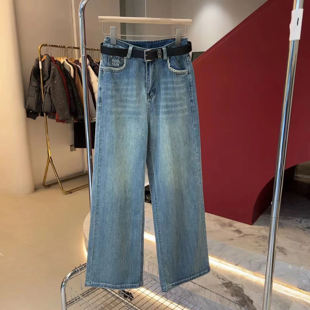 252453 有弹力 有腰带 春款不加绒花边口袋直筒裤牛仔裤