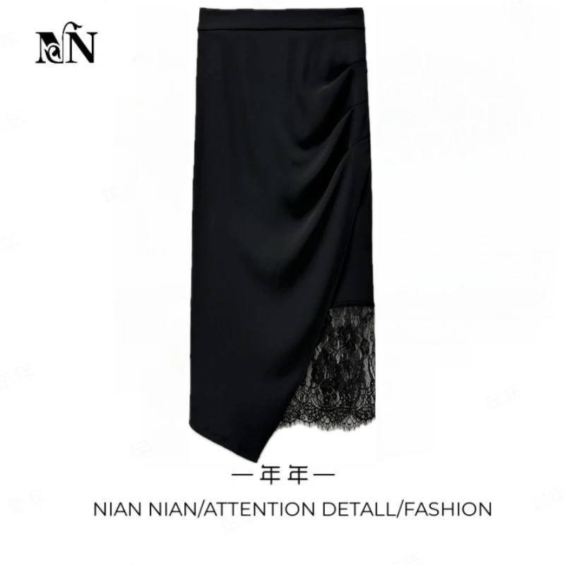 〖魅力焦点〗2025年春季新款不规则半身裙气质蕾丝拼接黑色包臀裙