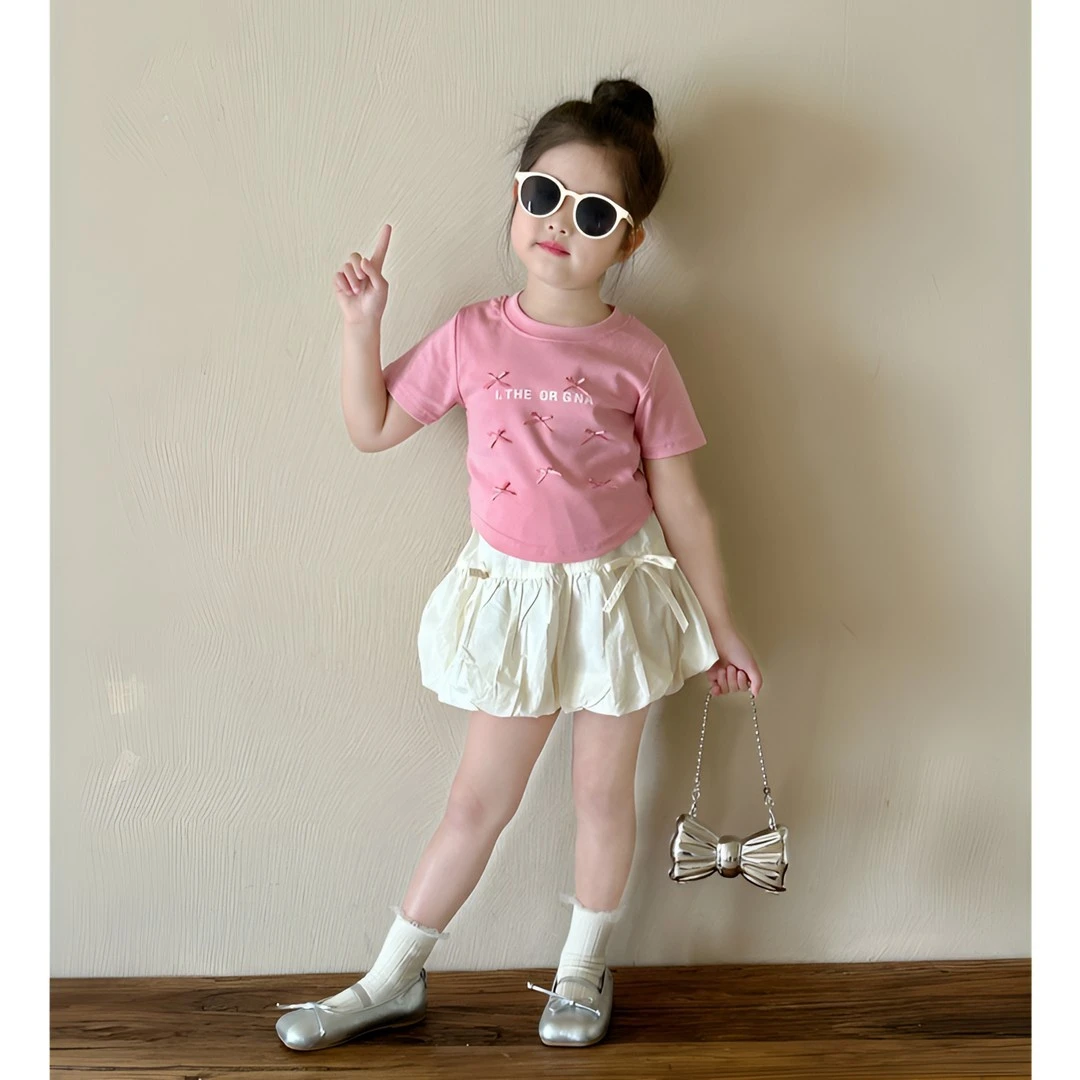 女童套装夏季粉色蝴蝶结短袖+花苞裙裤两件套小女孩洋气时髦衣服