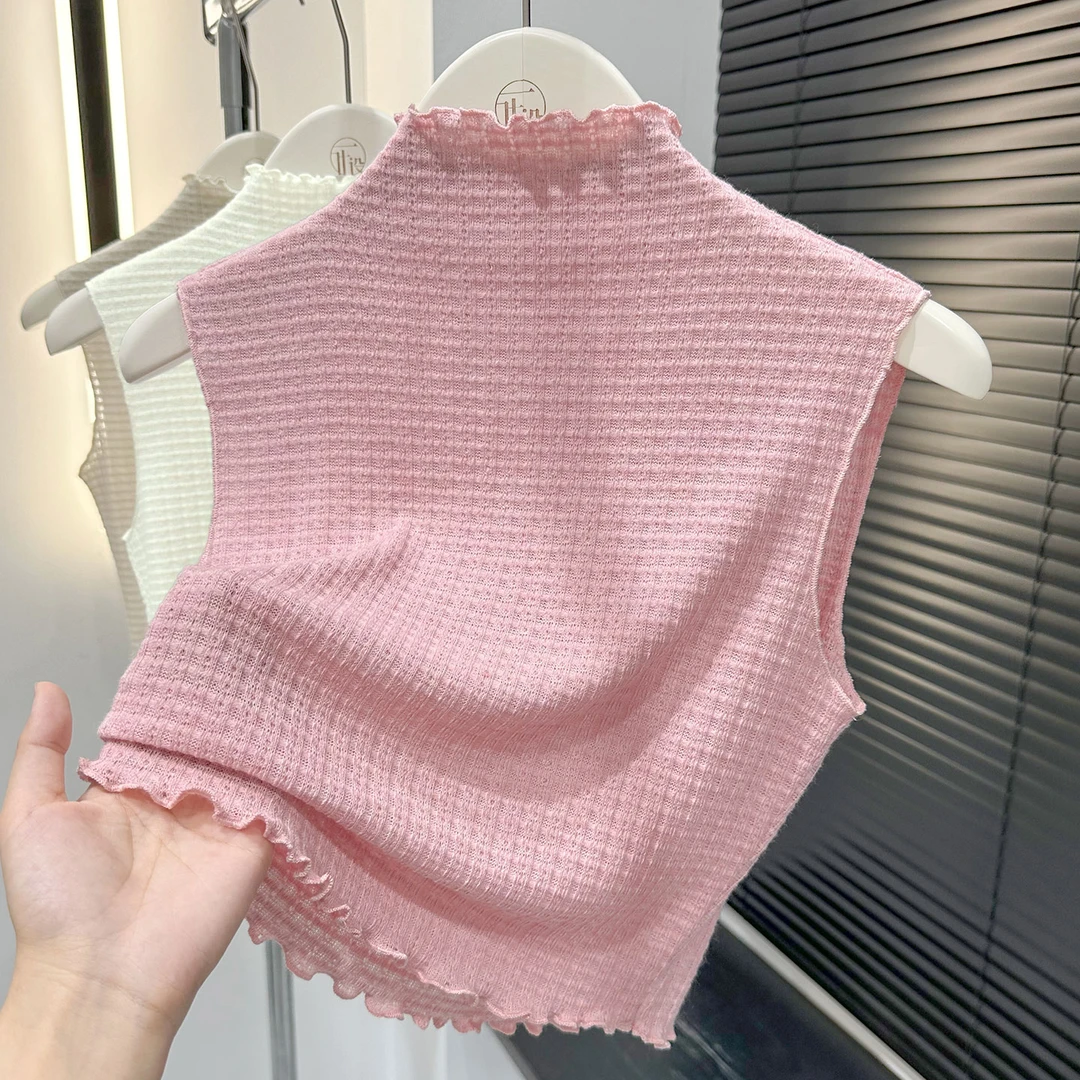 粉色叠穿假领子百搭女高档针织背心内搭女2025新款木耳花边打底衫
