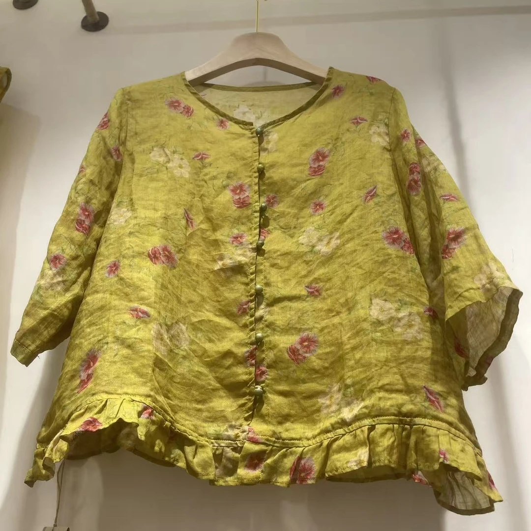 娅扣布衣【2521】夏季设计苎麻小衫复古风印花减龄宽松显瘦百搭上衣