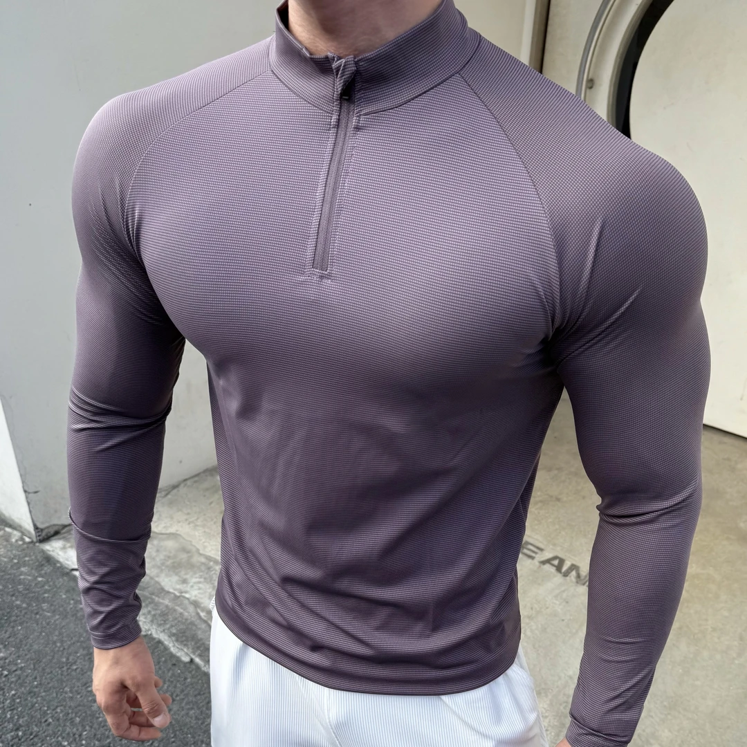 美式小方格冰丝质感运动长袖男士春秋透气健身T恤上衣高弹吸汗