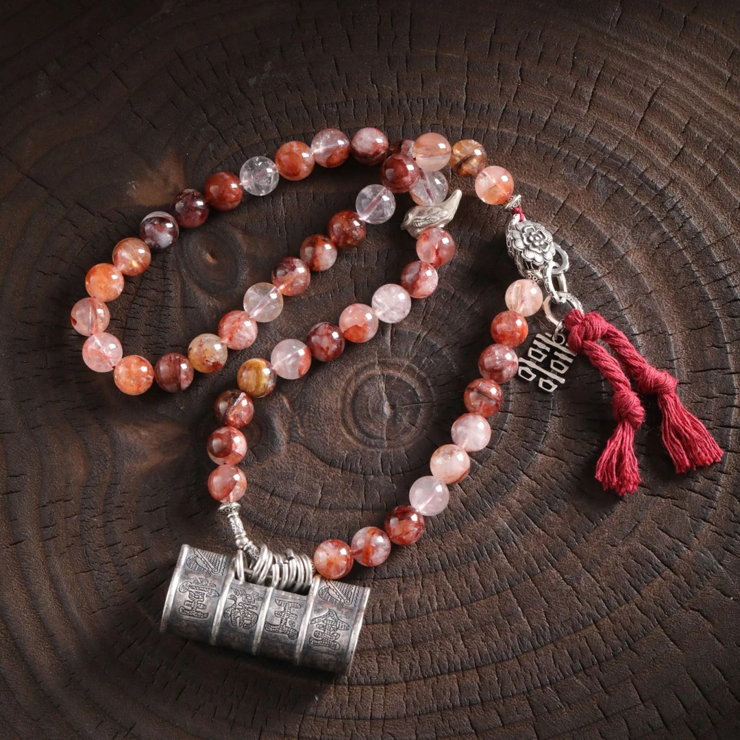 n17758<非晚1>足银富贵长命锁s925银红胶花圆珠双喜吊坠项链