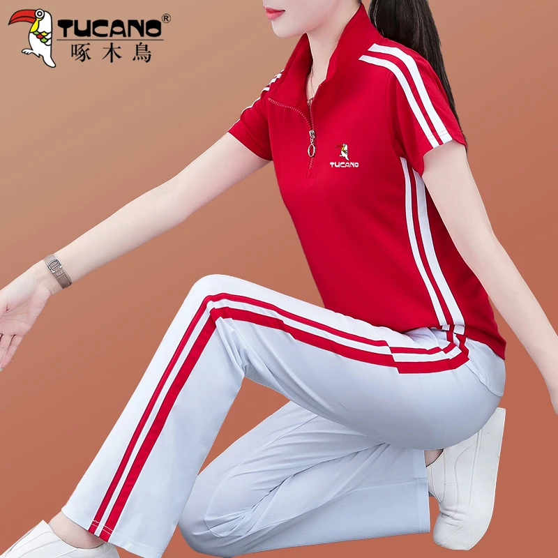 啄木鸟冰丝立领运动服套装女夏季2025新款妈妈团购休闲宽松舞蹈服