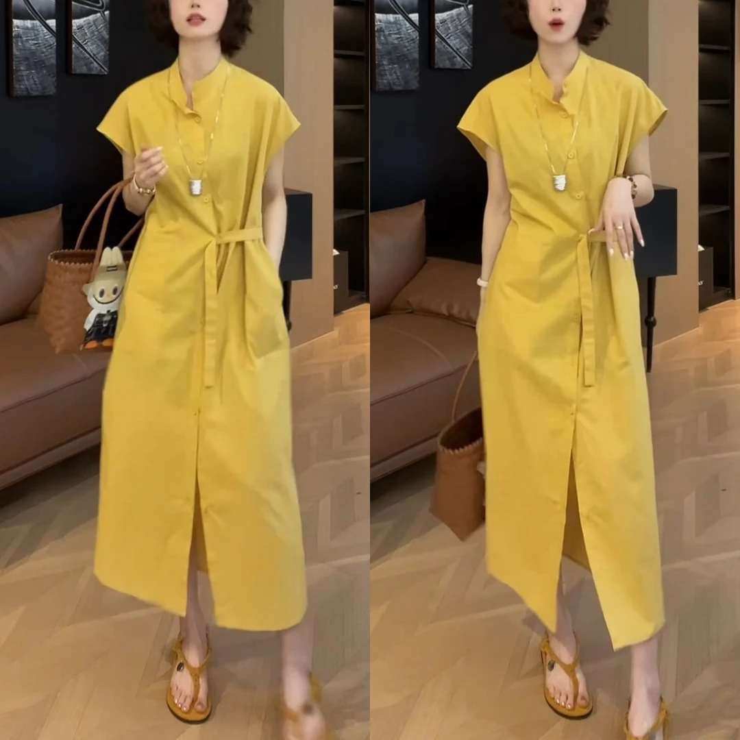 2025夏季新款时尚短袖连衣裙设计感宽松显瘦单排扣中长款休闲裙子