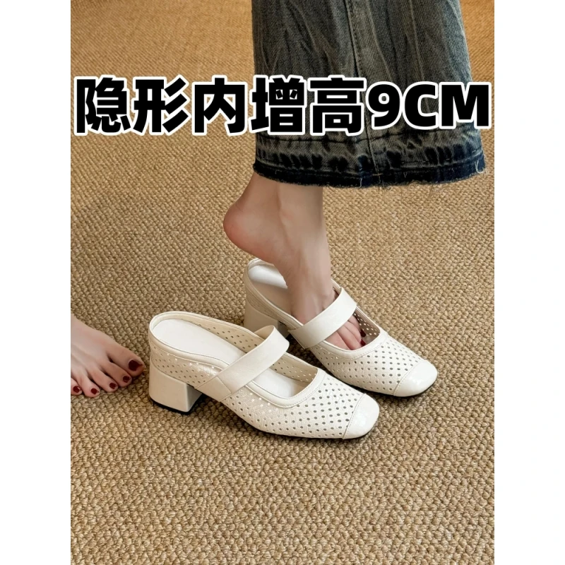 羊皮版~内增高9cm复古高跟玛丽珍单鞋女2025小众风镂空包头凉拖鞋
