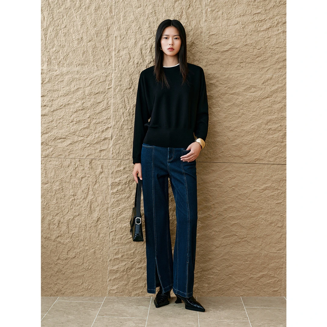 INSUN恩裳专选2025春季假两件丝毛长袖针织上衣