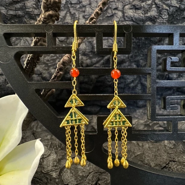 【恒潮珠宝】11.12g 古法黄金耳环鎏彩 国风 H0961287