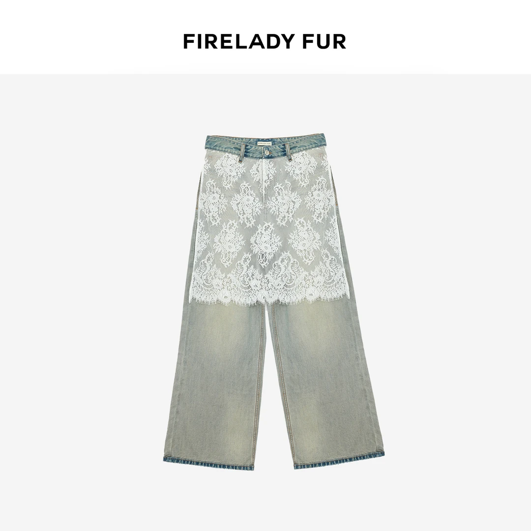 付智恩 蕾丝丹宁 时尚设计师直筒春夏蕾丝牛仔裤