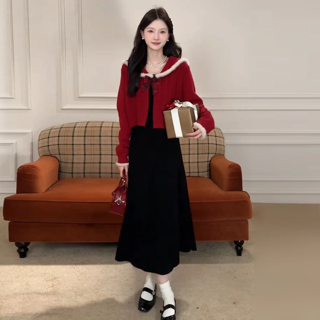 韩系氛围感套装女红色洋气开衫巨好看的两件套冬装新款气质连衣裙