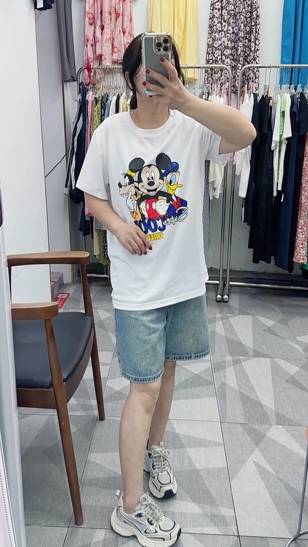 数码直喷宽松型短袖米奇港风T恤百搭夏季休闲情侣