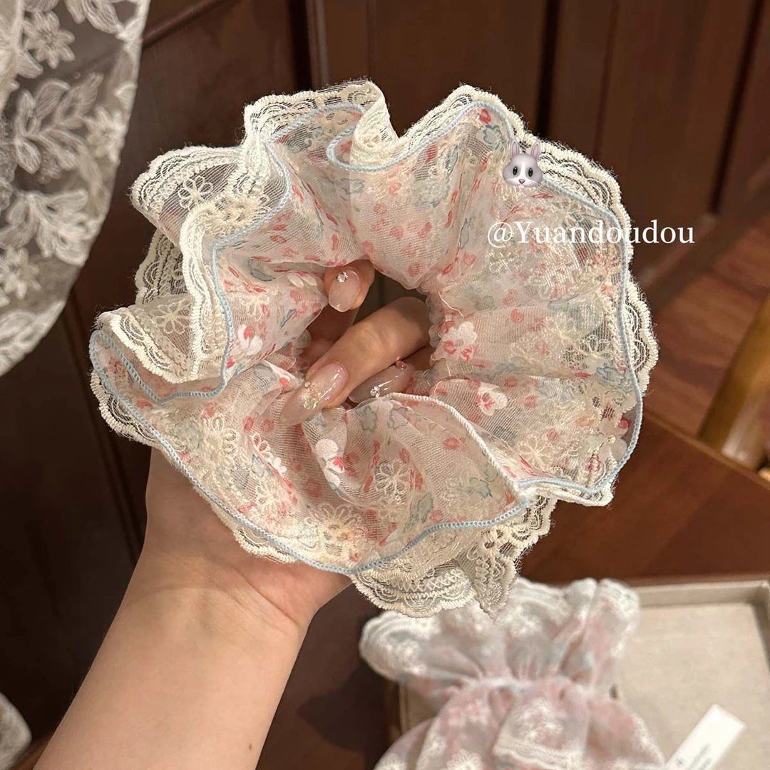 法式小碎花蕾丝双层大肠发圈女田园风高级感低马尾扎头发头绳发饰