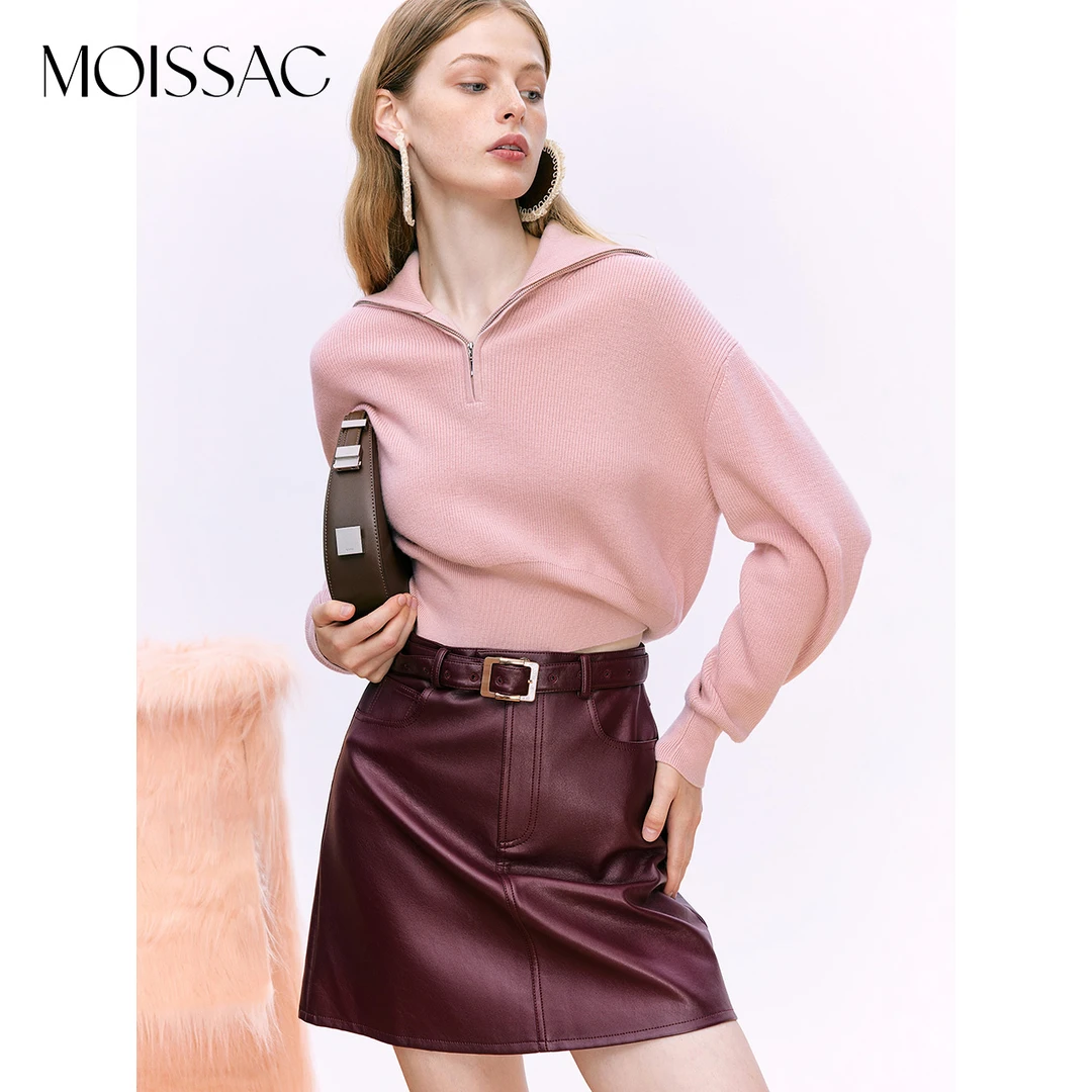 MOISSAC摩萨克秋法式粉色拉链绵羊毛套头毛衫毛衣针织衫女