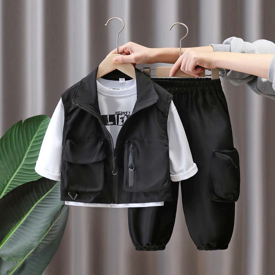 儿童工装套装春秋款韩版衣服潮酷男童秋装T恤马甲三件套2025新款