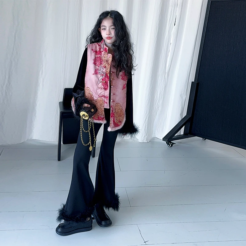 【影宝】女童2025秋冬款新中式唐装刺绣国风盘扣外搭夹棉坎肩裤子