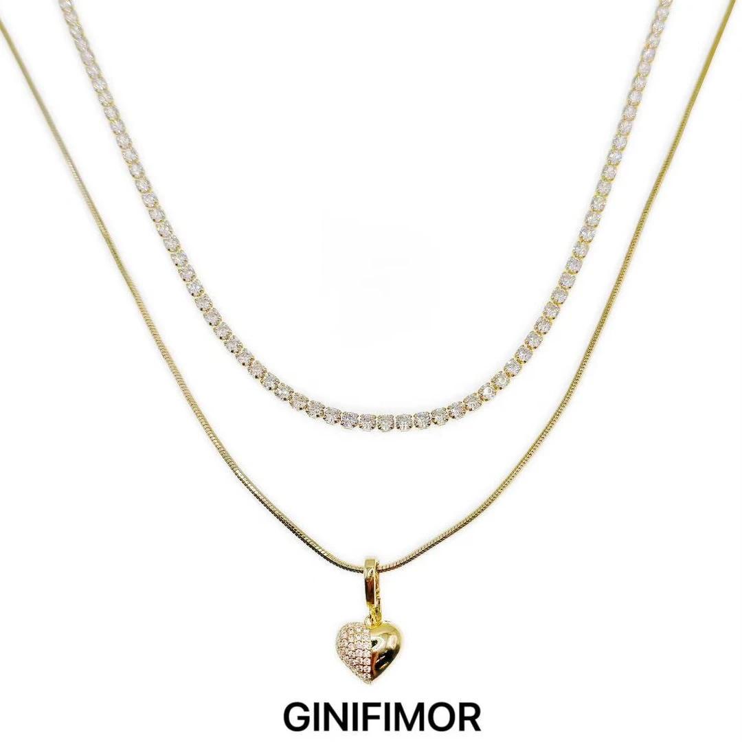 GINIFIMOR 铜合金锆石项链 a692 双层叠戴锆石爱心吊坠项链女