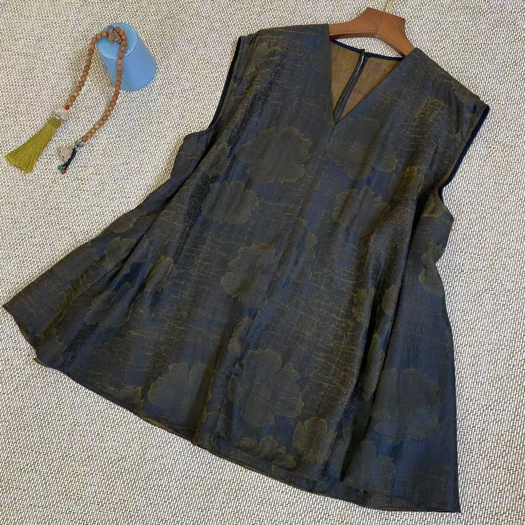 知羽.香云【禾悦】老料香云纱提花V领宽松版桑蚕丝新中式上衣ZYH031