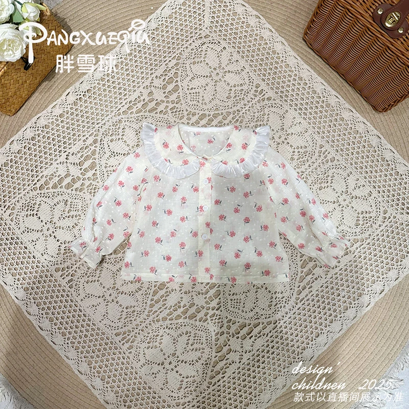 韩版洋气女童长袖衬衫宝宝娃娃领上衣春秋季时尚休闲打底衬衣