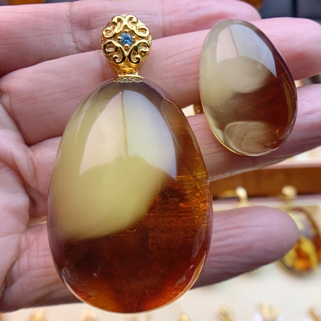 琥珀颈饰银S925镀金镶嵌一套