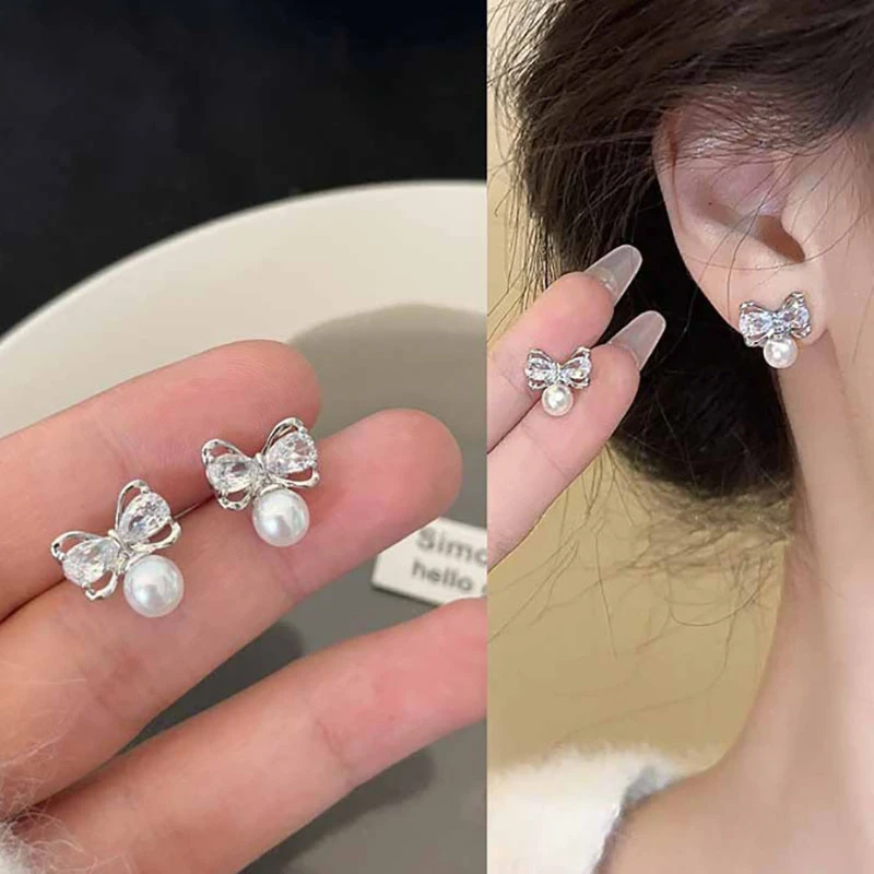 合金耳饰 925银针韩版甜美小巧微镶锆石蝴蝶结耳钉女耳环小众耳饰