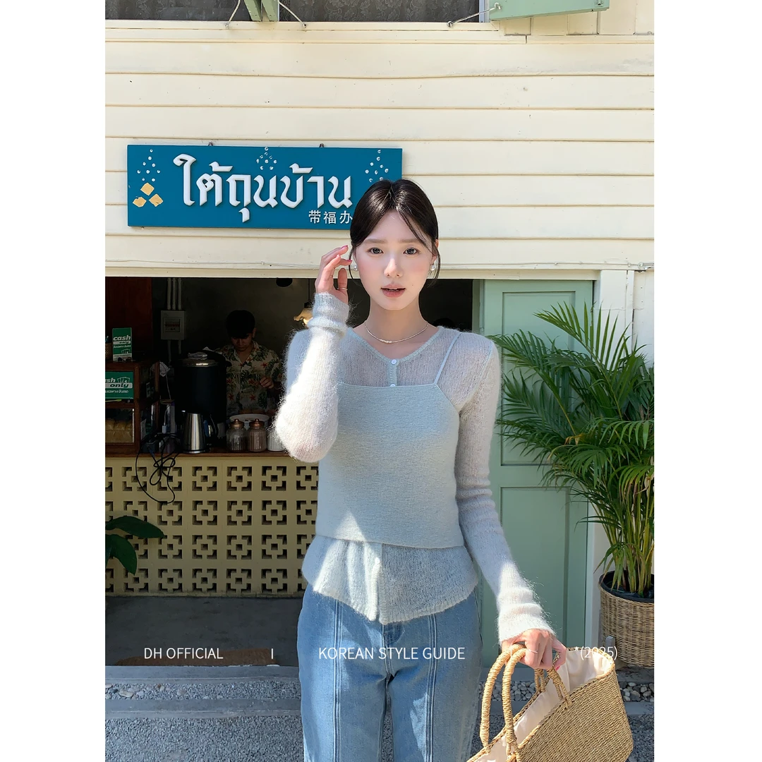清DH OFFICIAL大花【韩漫学姐】早春穿搭女装两件套毛衣针织衫