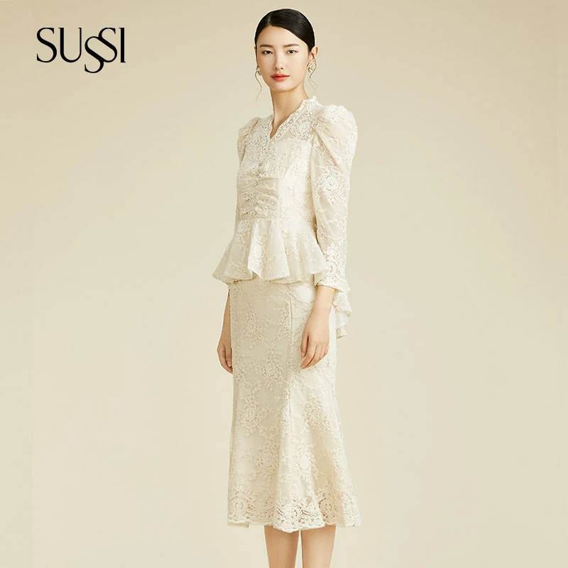 SUSSI/古色【淡雅白茶】气质轻奢蕾丝显瘦显高鱼尾裙中长款连衣裙