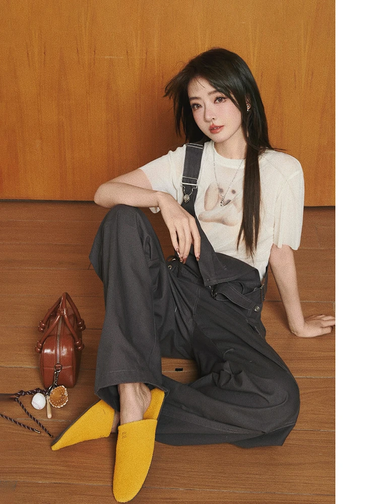 圆领针织T恤衫+大口袋宽松阔腿背带裤套装T8228P4111