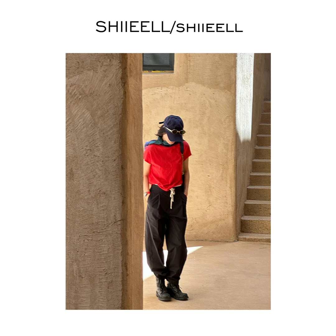 SHIIEELL夏季新款黑色洋气休闲极简轻透软糯净色廓形休闲裤W1466