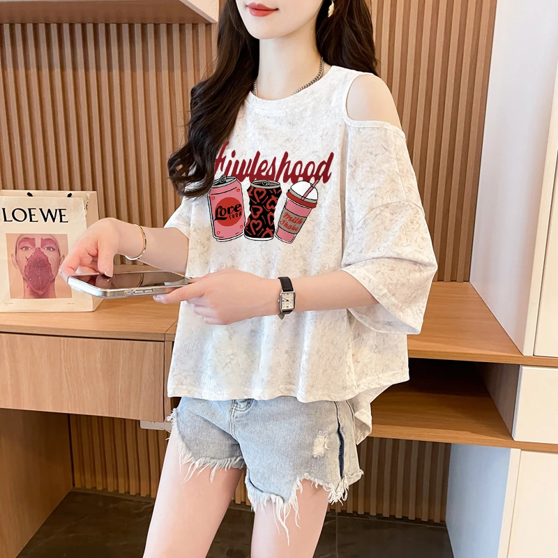 网红扎染露肩短袖T恤女夏季韩版时尚宽松百搭设计感不规则上衣ins