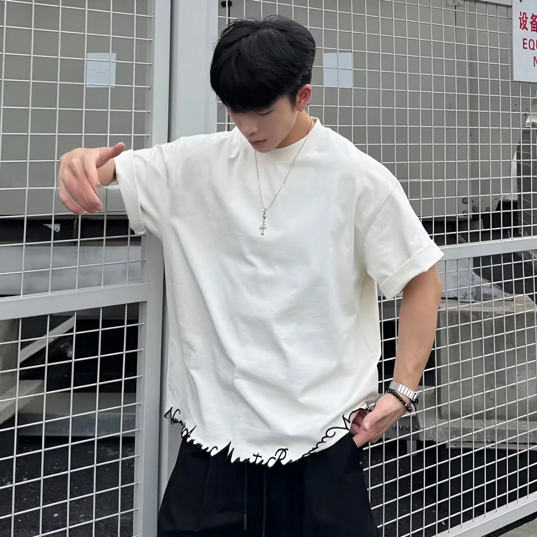 美式刺绣花边简约轻奢时尚潮流重磅宽松圆领短袖时尚潮牌百搭T恤