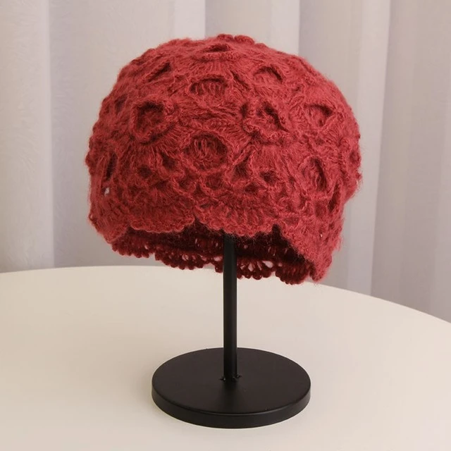 日系双层手工勾花包头帽马海毛时尚贝雷帽女秋冬韩版潮网红针织帽