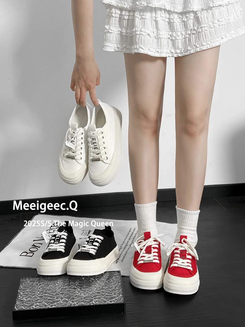 厚底小白鞋复古风防水台系带女圆头低帮韩版白色百搭夏季帆布鞋