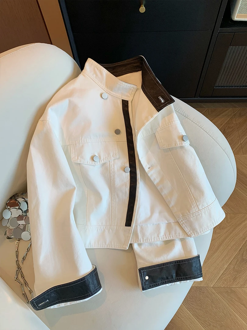 小众设计感拼皮撞色立领短外套女秋季高级感复古宽松显瘦夹克上衣