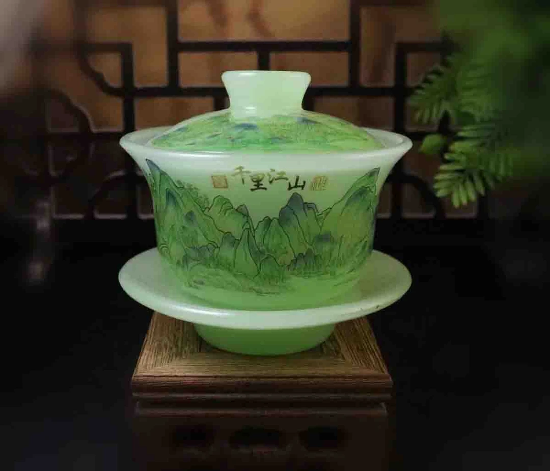 中式盖碗琉璃千里江山功夫茶具套装杯子茶杯家用高档结婚敬茶碗