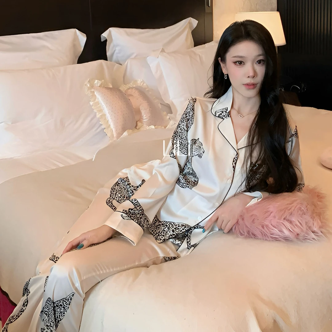 冰丝缎面睡衣女豹纹印花仿醋酸高级感家居服显瘦气质感可外穿套装
