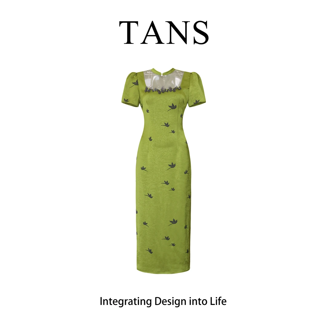 现货 TANS【夏季新品】新中式国风立领蕾丝设计感长款旗袍连衣裙女