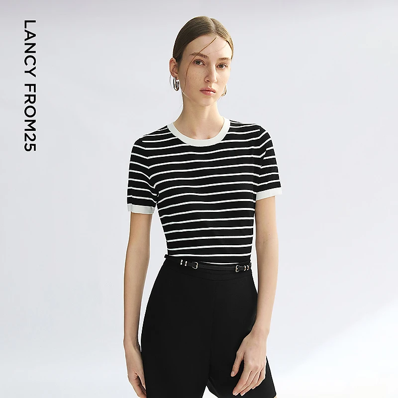 朗姿黑白条纹撞色圆领针织修身短袖2025年夏季新款高级感气质上衣