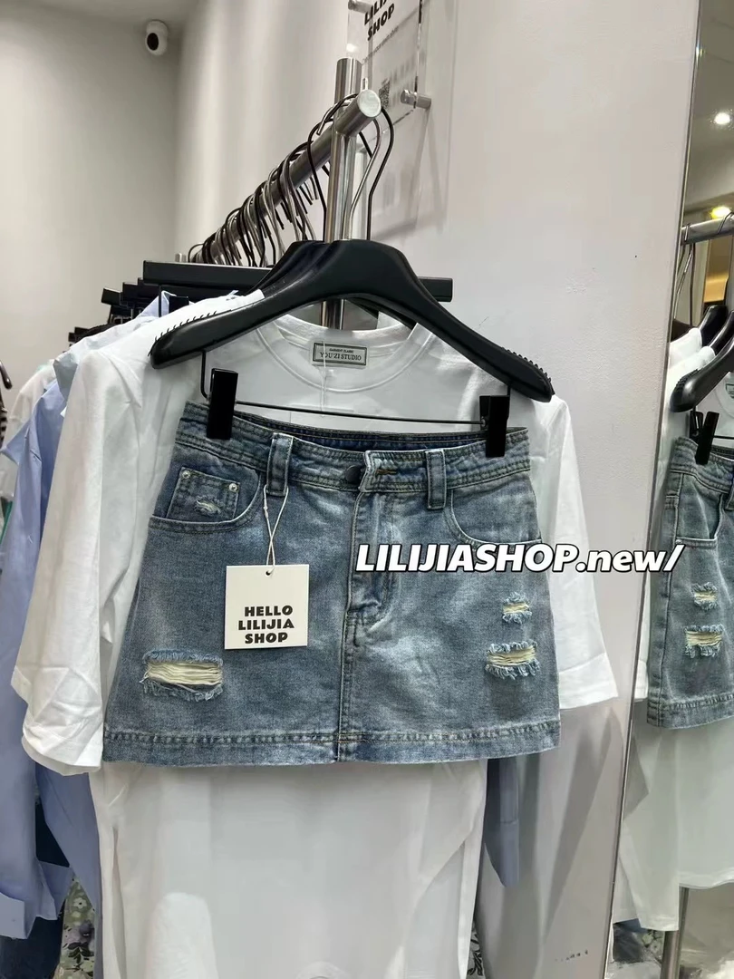 【无尽夏】韩版新款休闲百搭高腰破洞牛仔短裙