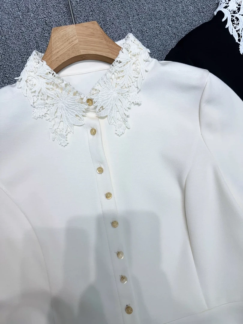 D31602南油爆款气质显瘦蕾丝翻领短袖上衣