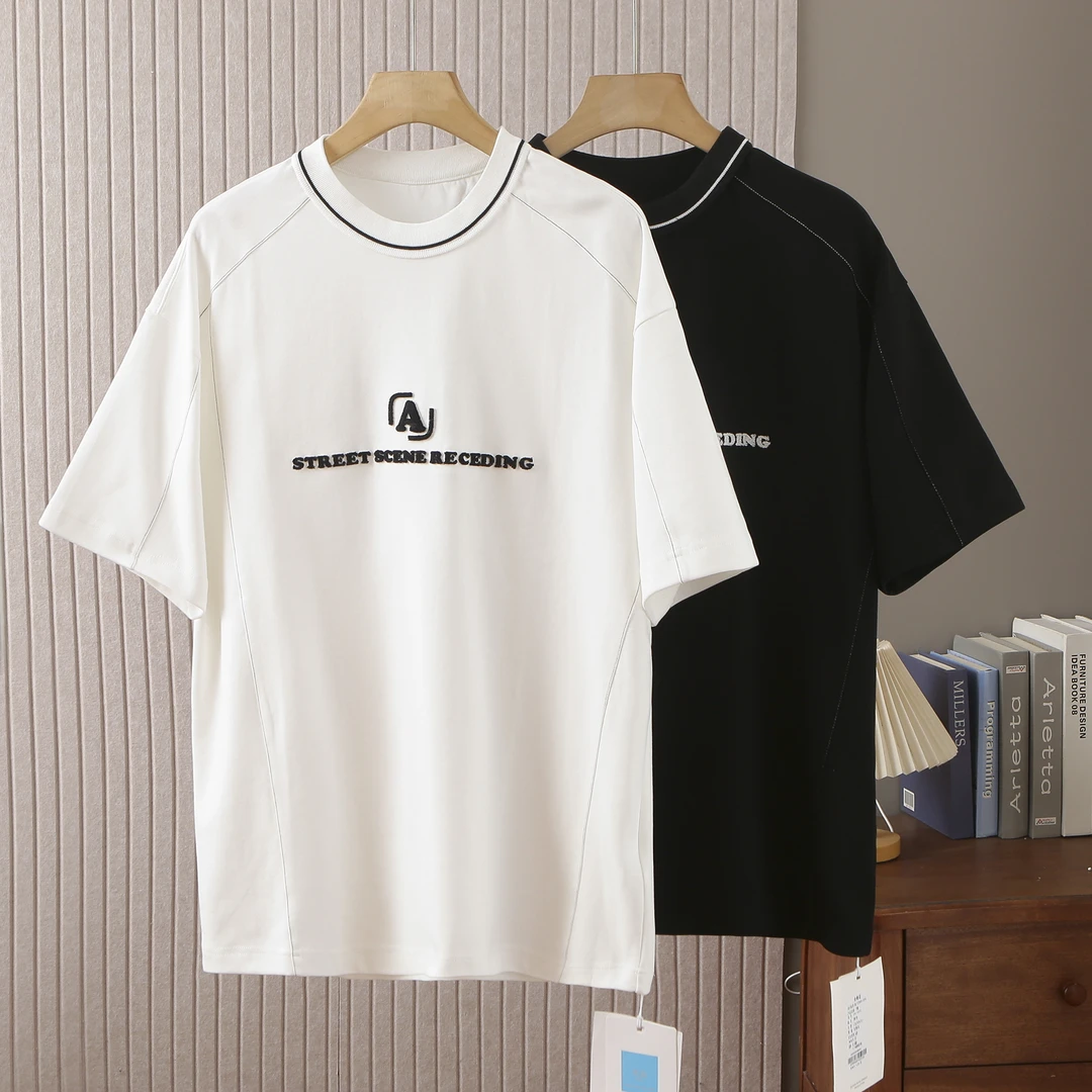 新022-夏季男士新款复古植绒字母刺绣重磅宽松半袖 圆领落肩T恤