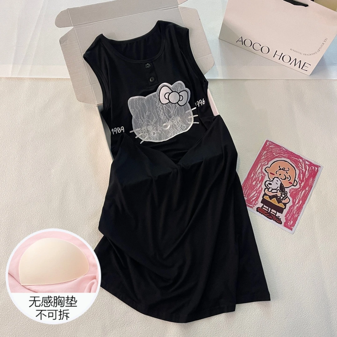 吊带睡裙女夏季睡衣背心大码凉感带胸垫黑色kt猫夏天家居服