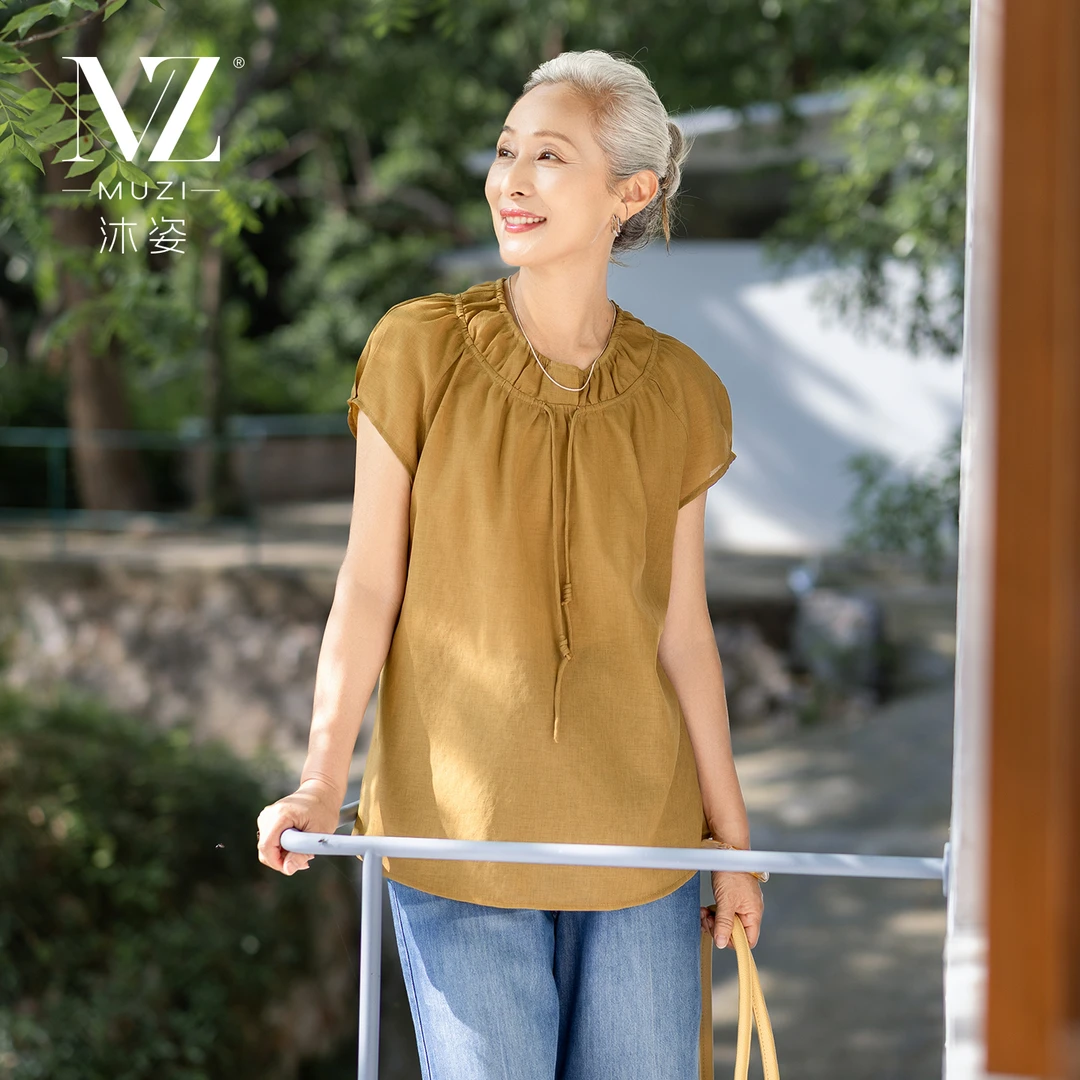 沐姿夏季系带褶皱薄款宽松型常规中老年妈妈复古小衫高质感穿搭