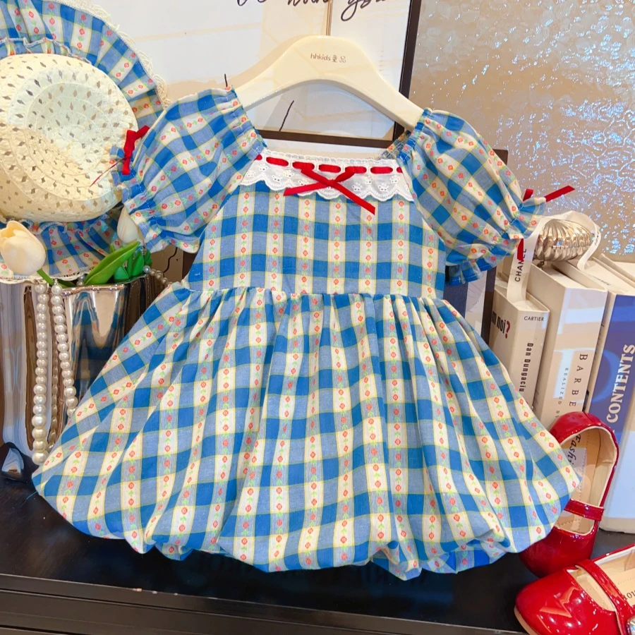 HHkids2025新款儿童洋气蓝色田园格纹泡泡短袖花苞公主裙FQZ362