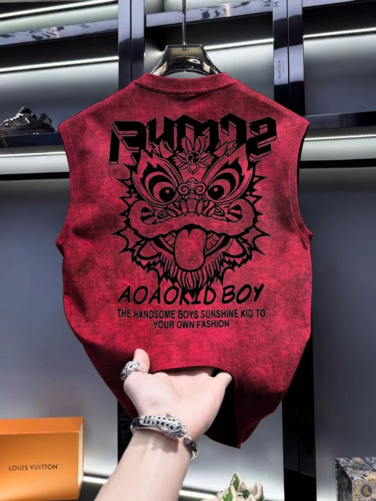 专柜捡漏~奥特莱斯外贸男士美式纯棉无袖背心t恤扎染2025外穿ins