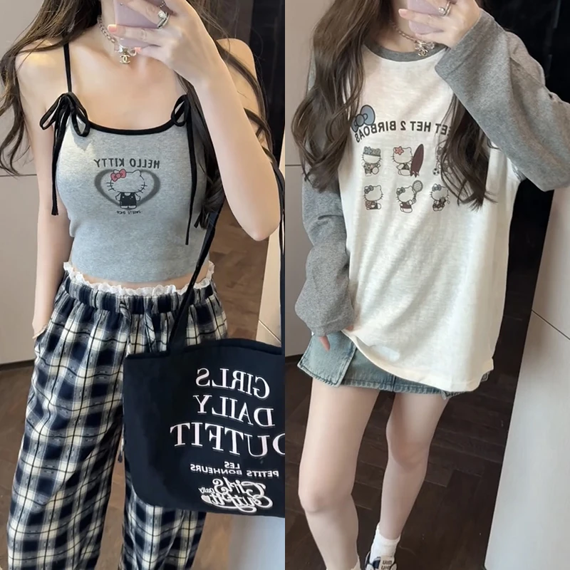 【mimius】七七 纯欲甜辣吊带（含胸垫）+长袖T恤+花边格子长裤G03359