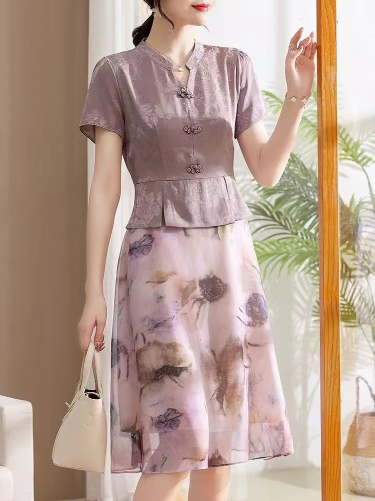 9093-妈妈气质旗袍连衣裙女装夏装新款洋气高贵印花裙子【E仓西】