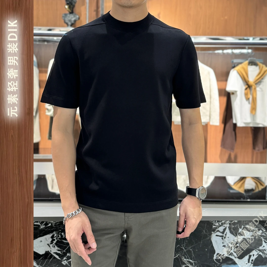 薄款短袖秋季纯色白色圆领春秋季男士轻奢舒适休闲百搭57732