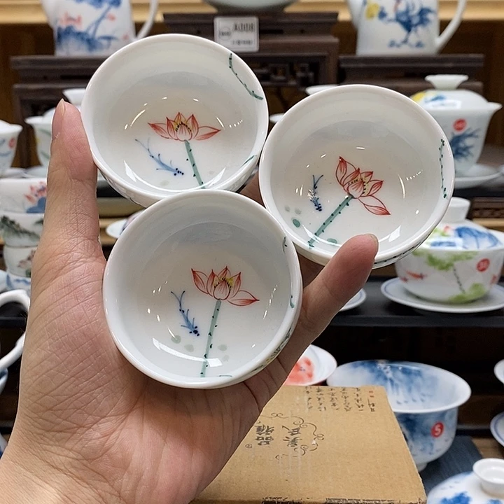 手绘三个装五色彩莲60cc釉下彩微瑕福利款
