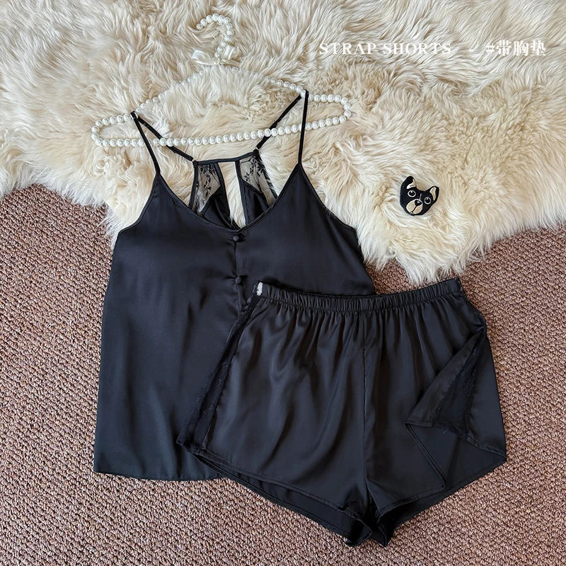 吊带睡衣女款夏季性感纯欲风冰丝蕾丝露背带胸垫的黑色洋气女套装