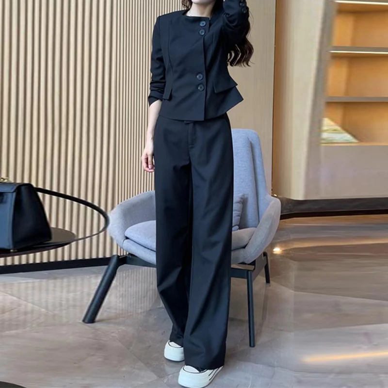 拉夏贝尔时尚套装女2025春秋季新款气质显瘦外套阔腿裤减龄两件套